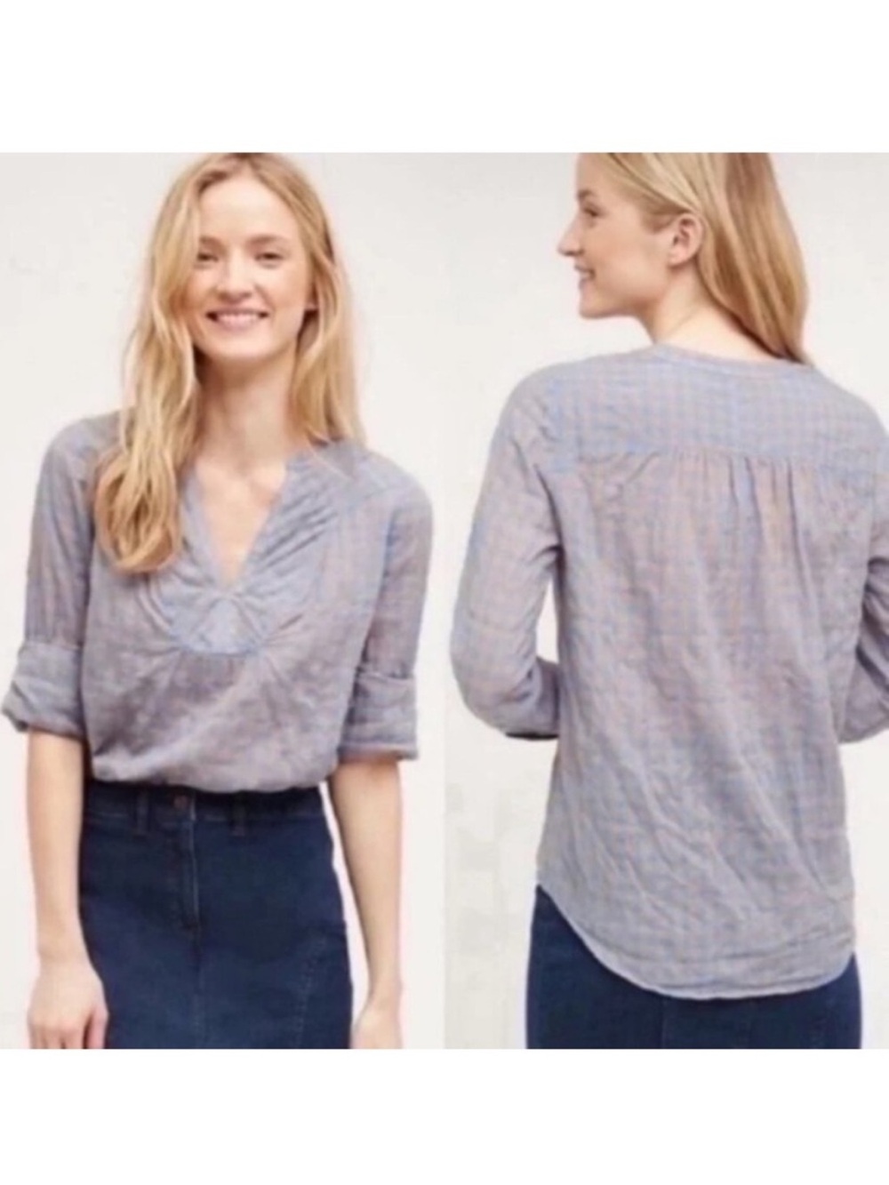 Anthropologie Holding Horses Devon Light Blue and Tan Gingham Tunic Blouse 0